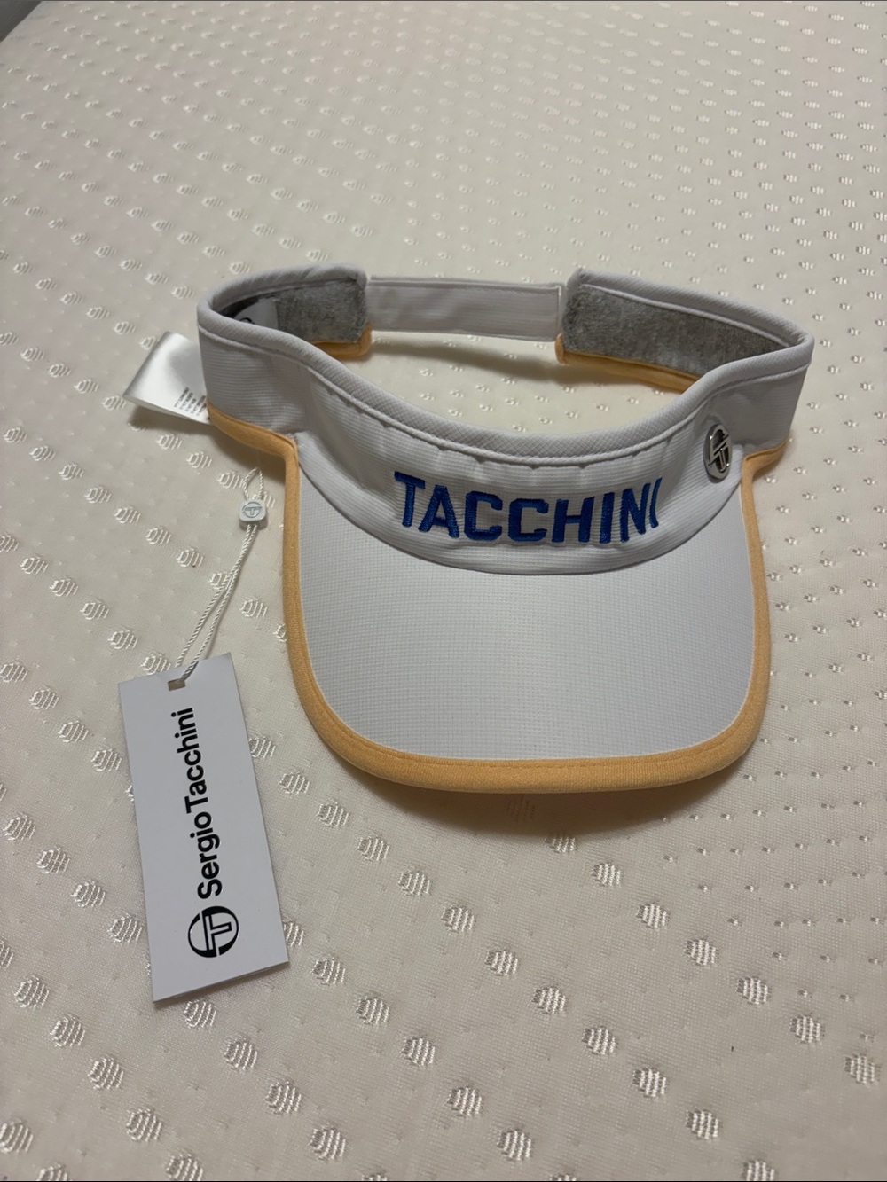 Sergio Tacchini White Visor with Peach Trim and Blue TACCHINI Embroidery